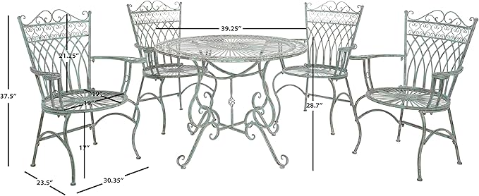 SAFAVIEH Outdoor Collection Thessaly Victorian Scroll Antique Dark Green Wrought Iron 5-Piece Patio Dining Set