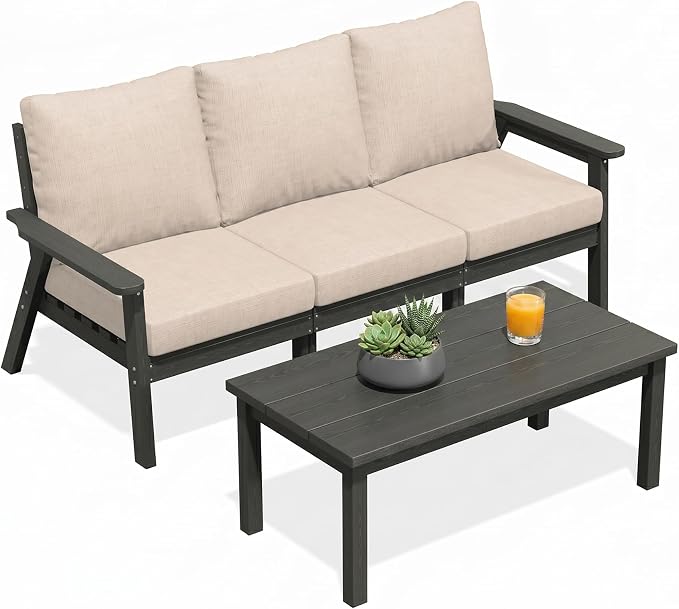 PLUUV 4-Piece HDPE Patio Sofa Set, All-Weather Outdoor Sectional Furniture with Thick Cushions, Modular Couch Set for Deck, Lawn, Gray Frame with Khaki Cushion