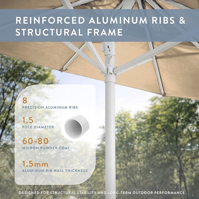 California Umbrella 10-Year Protection 9 Ft Outdoor Patio Umbrella, Pacifica Fade-Resistant Fabric, Auto-Tilt, Heavy Duty Aluminum Frame, 8 Reinforced Ribs for Pool or Deck, White Pole, Beige