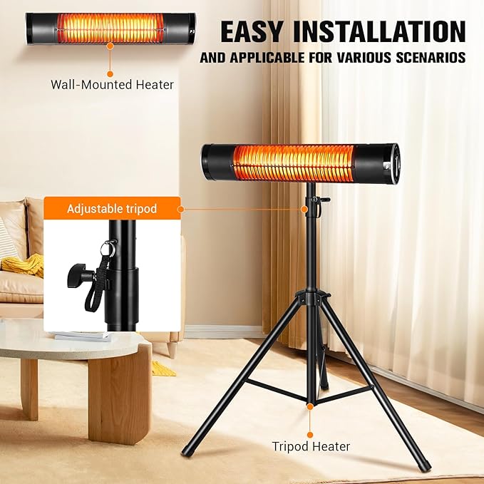 Electric Outdoor Heater, 1500W Carbon Infrared Heaters with Remote, Tripod Mounted Radiant Patio Heater with 3 Heat Settings, 8H Timer for Outdoor, Garage, Yard