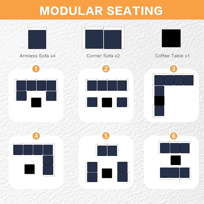 MOCHITO 7 Pieces Outdoor Patio Furniture Sets, All-Weather Sectional Sofa Grey PE Rattan Wicker Conversation Set with Glass Table and Washable Blue Cushions for Backyard,Sunroom,Garden,Porch