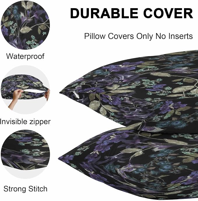 Purple Green Flower Leaf on Black Outdoor Pillow Covers 18x18in Pack of 2 Waterproof Pillowcase Retro Plant Oil Painting Decorative Throw Cushion Case for Patio Couch Sofa