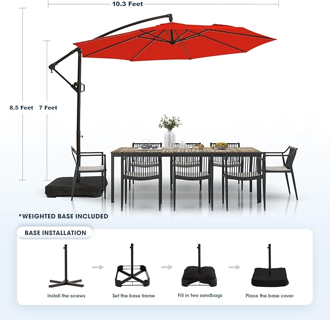 wikiwiki 10ft Patio Umbrella with Base Included, Outdoor Offset Cantilever Umbrella, Infinite Tilt, Crank and Cross Base, Orange Red