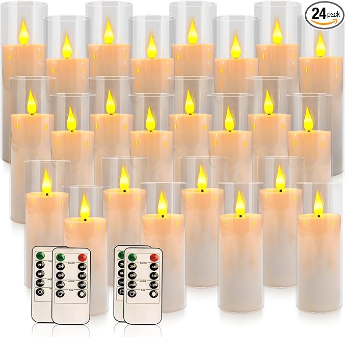 24 Pcs Acrylic LED Flameless Candles with 4 Remote,White,Flickering, Clear, Suitable for Wedding, Party, Home Decoration & Outdoor.