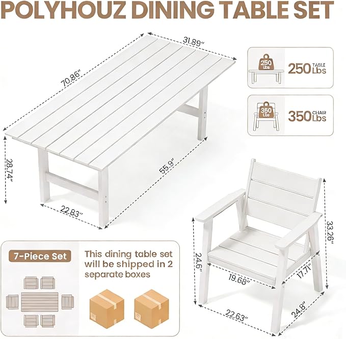 Outdoor Dining Set for 6, 7-Piece Patio Table and Chairs Set, HDPE Outdoor Dining Table and Chairs with Umbrella Hole, All-Weather Dining Furniture Set,White