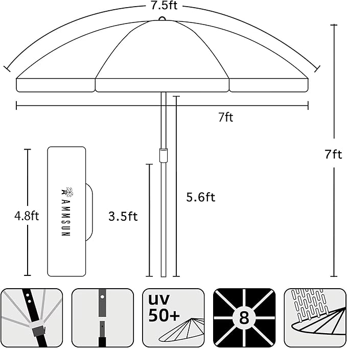 AMMSUN 7.5ft Heavy Duty High Wind Beach Umbrella Commercial Grade with Air Vent Ash Wood Pole & Carry Bag UPF 50+ Sun Protection for Patio Garden Pool Backyard Blue