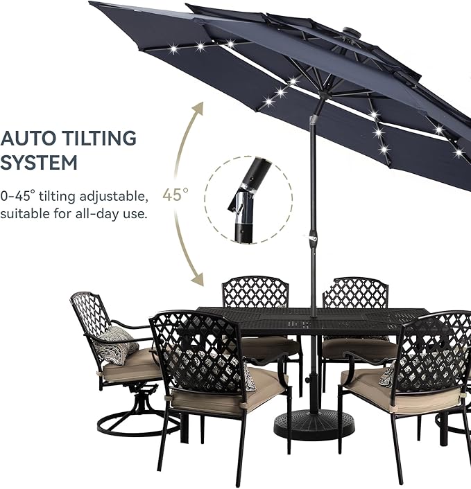 GREEN PARTY 10ft Patio Umbrella with Solar Lights, Auto-Tilt Lighted Market Table Umbrellas with Crank, 8 Sturdy Ribs & 1.5" Pole outdoor umbrellas for Patio Garden Deck Backyard Pool, Navy Blue
