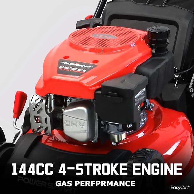 PowerSmart EasyCut 18-Inch Gas Lawn Mower, 144cc 4-Stroke OHV Engine, Push Walk-Behind, 3-in-1 Mulch/Bag/Side Discharge, Steel Deck, 6 Height Adjustment