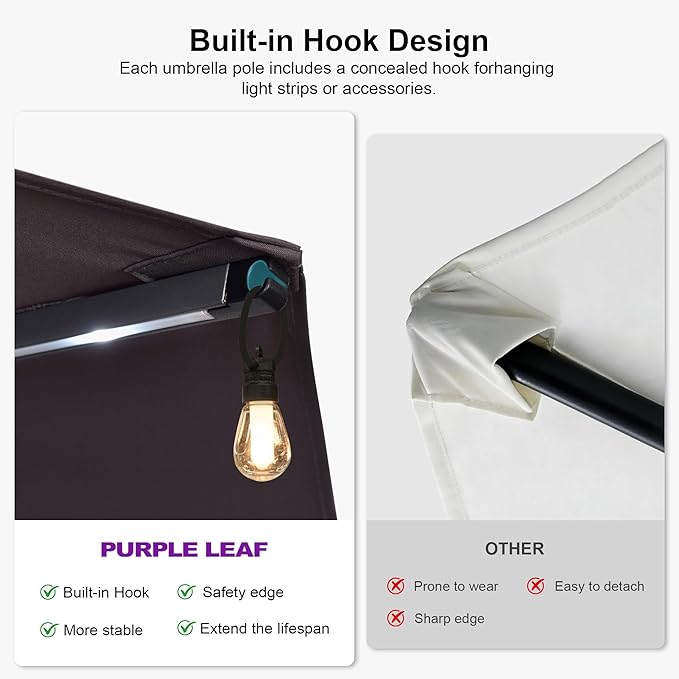 PURPLE LEAF 15ft Double-Sided Patio Umbrella with Base and Solar Lights Outdoor Market Umbrella with Crank Handle Rectangle Umbrella for Backyard Pool Garden Deck, Light Grey