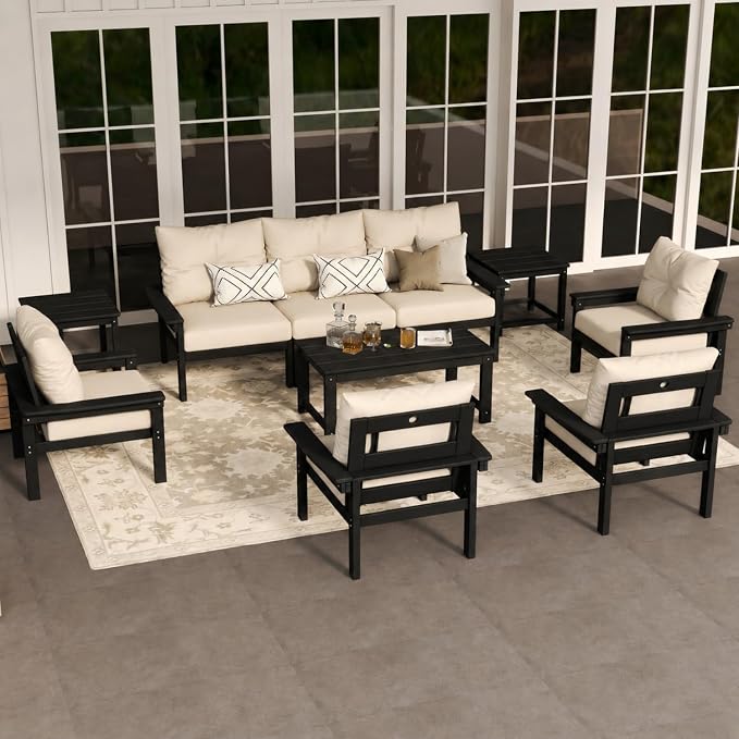 HDPE Outdoor Patio Furniture Set, 10-Piece Patio Conversation Set with 3-Seat Sofa, 4 Armchairs, 2 Side Tables & 1 Coffee Table, All-Weather Outdoor Sofa Set for Deck, Porch(Black Frame)