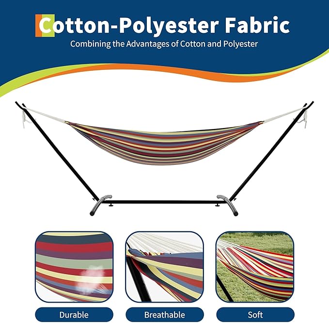 Iron Frame Cotton-Polyester Hammock - Standing Hammock for Outside, 2-Person Capacity, Reinforced Steel Frame, Portable Outdoor Lounger, Quick-Fold Carry Bag