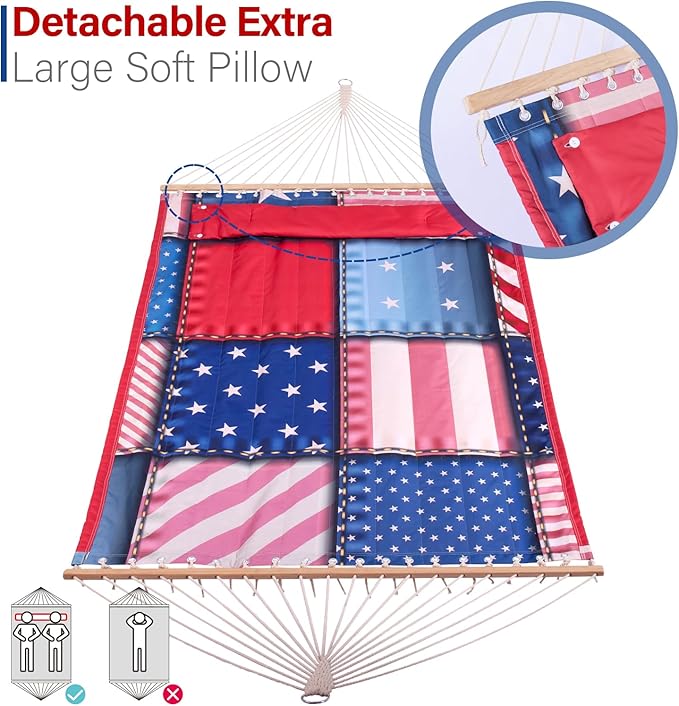 Backyard Expressions Reversible Quilted Hammock - Single or Double Hammock for Outdoor Relaxation with Matching Pillow, Flag Patchwork