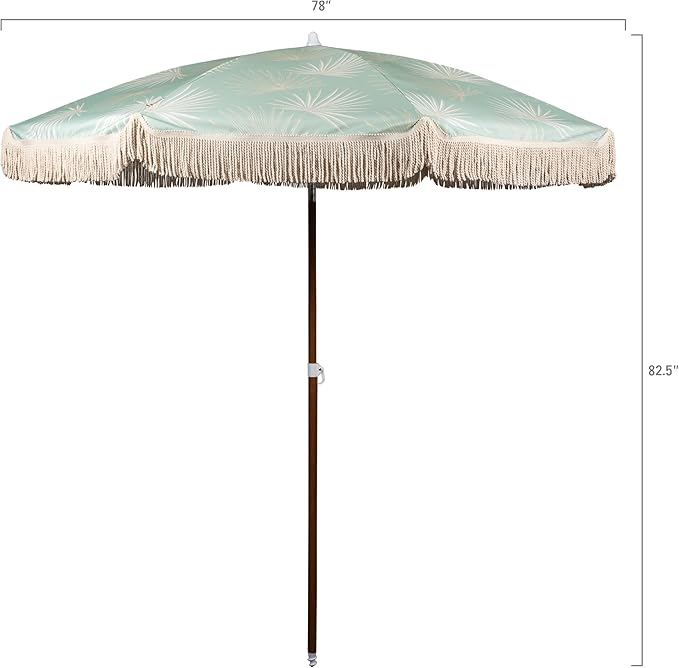 BEACH STATE Summerland 6.5ft Beach Umbrella with Fringe, UV 50+ Patio Umbrella with Titlting Pole, Holiday Tassel Umbrella with Carry Bag, (Palm Beach)