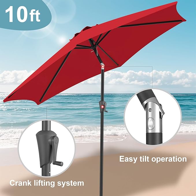 FLAME&SHADE 10ft Patio Umbrella - Outdoor Umbrella with 6 Sturdy Ribs, Push Button Tilt and Crank, UV Protection Table Market Umbrella for Pool, Porch，Garden, Deck, Backyard(Red)