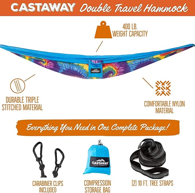 Hammock in a Bottle by Castaway Living, Tiedye Double Camping Hammock with 2 Tree Straps, 32 oz. Bottle, Triple Stitched Durable Nylon Material, Compact Design for Travel, Beach, Backyard, 400 Lbs.