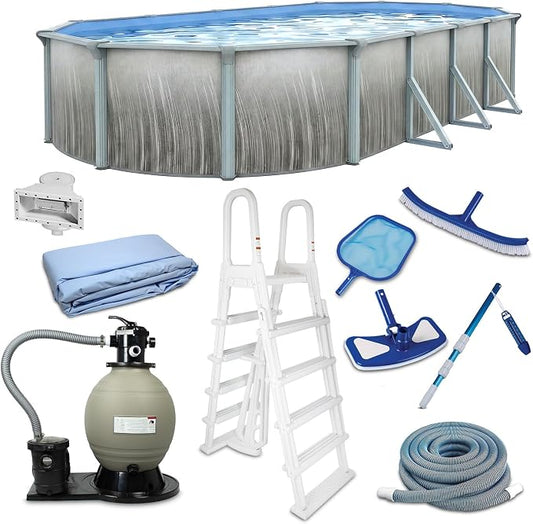 Blue Wave Martinique 12x24-ft Oval 52-in Deep Hard Sided Above Ground Pool Kit with 7-in Steel Top Rails, Dual-Speed Sand Filter System, Ladder, Liner, Skimmer & Maintenance Kit – 6,300 Gallon Cap
