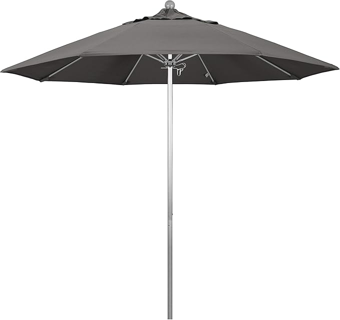 California Umbrella 9' Rd. Venture Series Contract Grade Patio Umbrella, Push Open Pin Stop, Silver Finish, Sunbrella Charcoal