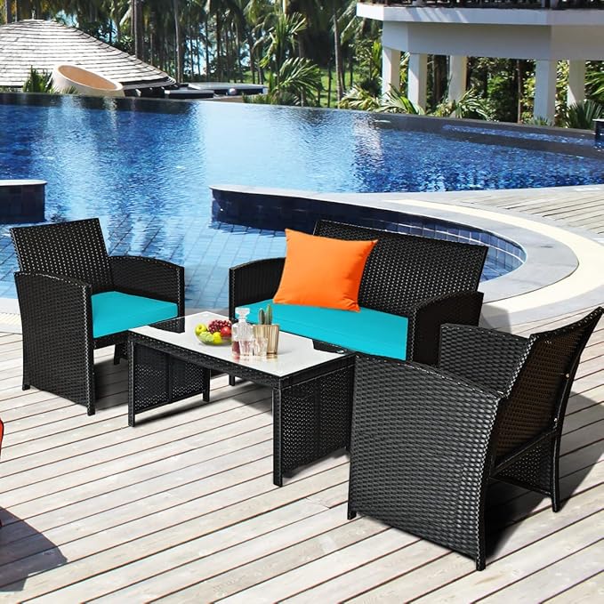 COSTWAY 4 Pieces Patio Rattan Furniture Set, Outdoor Wicker Conversation Set with Soft Cushions & Tempered Glass Coffee Table, Cushioned Chair Sofa for Backyard, Porch, Lawn, Garden, Turquoise