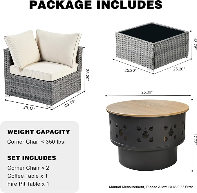 HOOOWOOO 4-Piece Outdoor Wicker Patio Furniture Set, Modular Sectional Sofa with Cushions, Side Table, and Fire Pit Table, All-Weather Rattan Garden Seating for Patio, Porch, or Balcony (Beige)