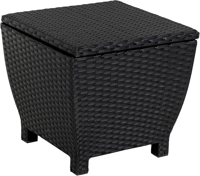 Sundale Outdoor Small Deck Storage Box with Lid, 13 Gallon Small Outdoor Bin Storage Container for Hose Cushions Towels, Patio Black Side Wicker Table with Storage-Steel, Rattan, Square
