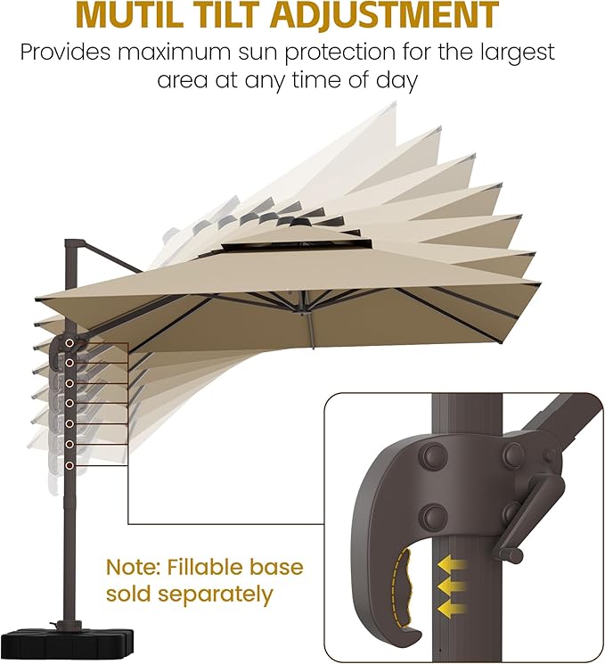 HASLE OUTFITTERS 10x10 FT Patio Cantilever Umbrella, Outdoor Offset Large Square Heavy Duty Double Top Umbrellas with 360° Rotation for Pool Garden Deck，Tan
