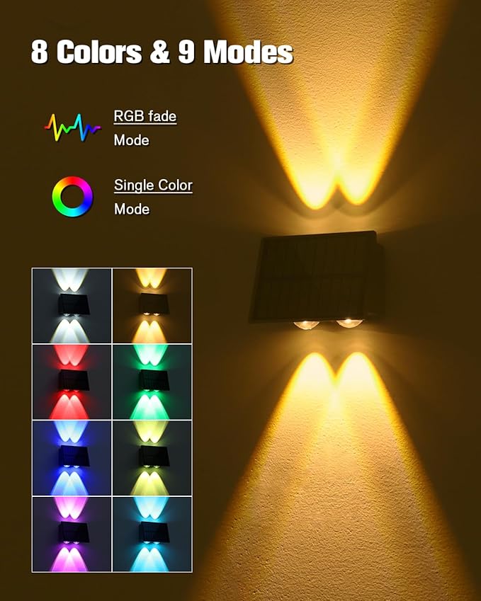 VOLISUN Solar Fence Lights 6 Pack, Color Glow LED Up and Down Wall Lights, IP65 Waterproof Solar Lights Outdoor for Patio, Backyard, Railing, Deck, Fence and Wall (4 Lenses)