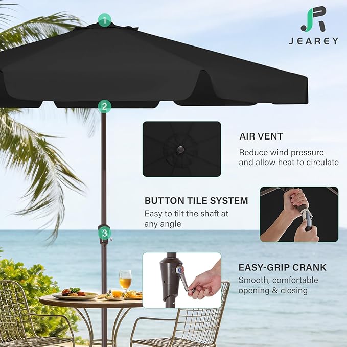 JEAREY 9 FT Patio Umbrella Outdoor, Table Umbrellas Market Umbrella w/Push Button Tilt/Crank, 8 Sturdy Ribs(black)