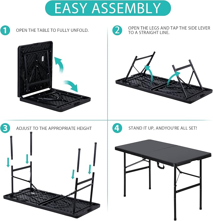 SUPER DEAL Portable 4 Foot Plastic Folding Table, Indoor Outdoor Heavy Duty Fold-in-Half Picnic Party Camping Barbecues Table with Carrying Handle, Black
