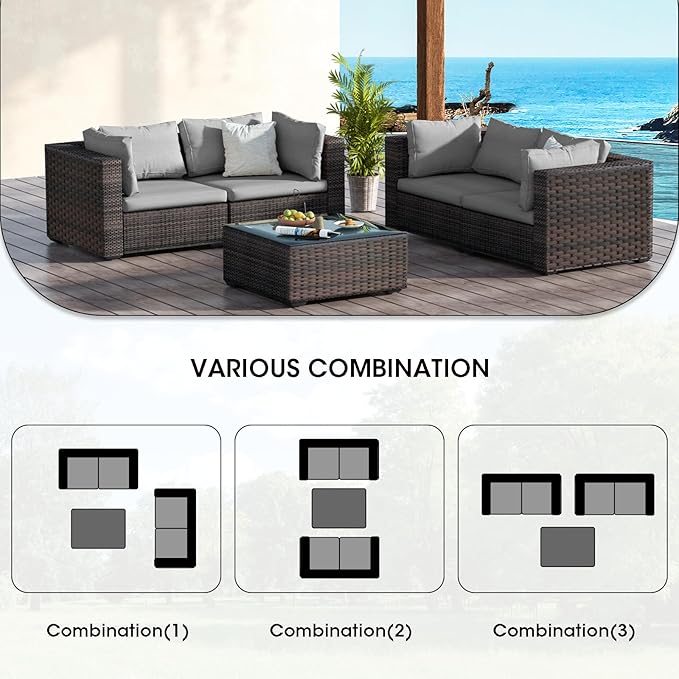 Patio Furniture Set 5 Piece All Weather PE Rattan Outdoor Sectional Sofa Couch with 4 x arm Sofa, No-Slip Cushions and Glass Top Table for Garden, Poolside, Backyard (Gray)