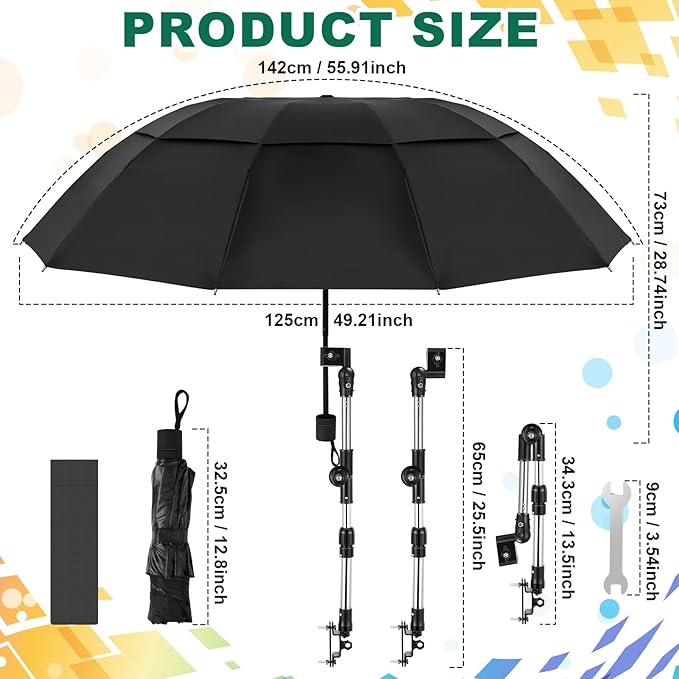2 Pack Large Double Canopy Sun Umbrella for Chairs with Square Tube Clamp Foldable Portable Beach Umbrella for Chair Golf Cart Patio Wheelchair Outdoor Camping Fishing