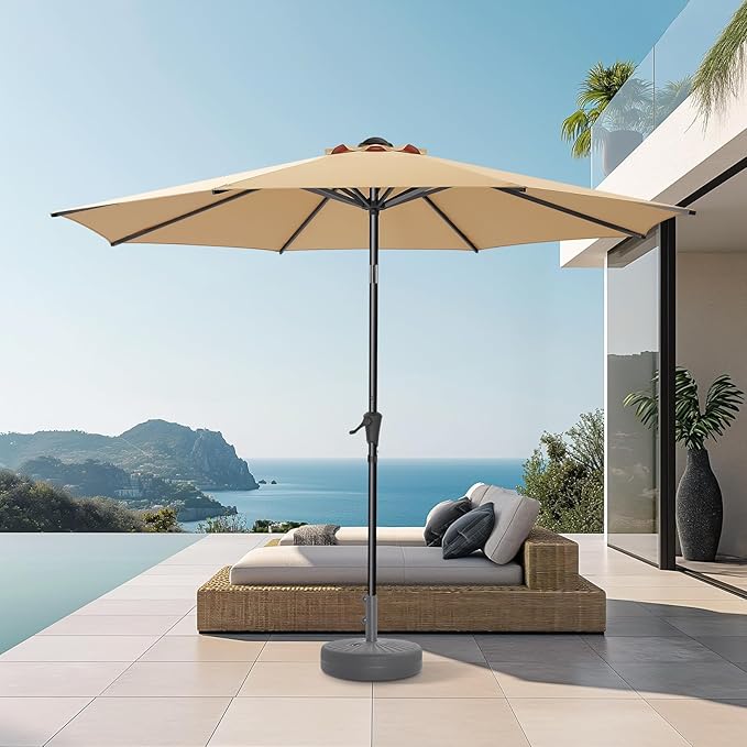 HOMSHADE 9ft Outdoor Patio Umbrella - Market Table Pool Deck Umbrella UPF50+ UV Protection with Push Button Tilt, Crank and 8 Sturdy Ribs (Beige, No base)