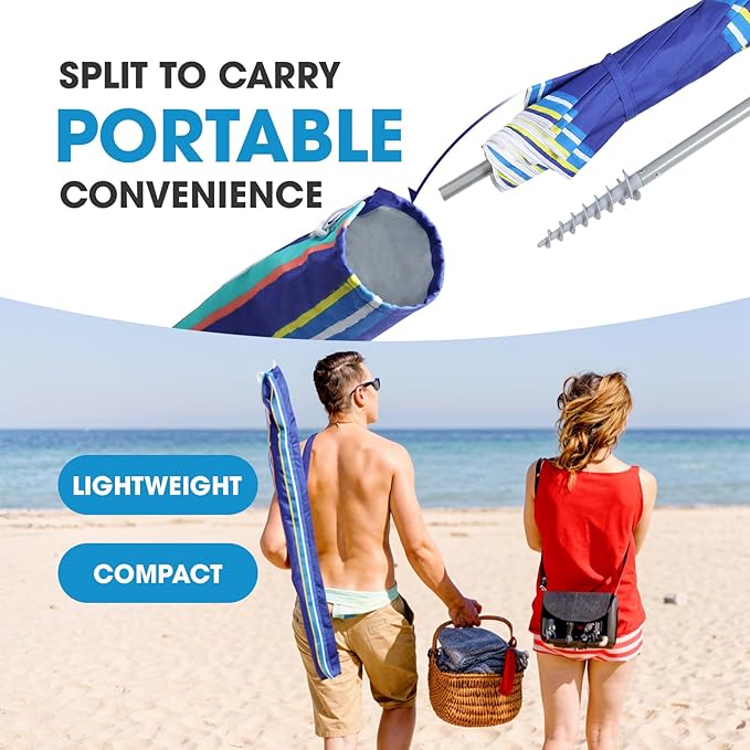 wikiwiki 7ft Beach Umbrella featuring a built-in table, UPF 50+ Protection Beach Umbrellas for Sand with Sand Anchor & Tilt, with Carry Bag and Hook, Dark Blue Stripes