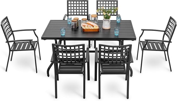 NUU GARDEN Outdoor Patio Dining Set, Black Powder-Coated Finish, 6 Dining Chairs and 61'' x 37'' Rectangle Dining Table with 1.57'' Umbrella Hole, Iron Frame, for Outdoor and Indoor Space