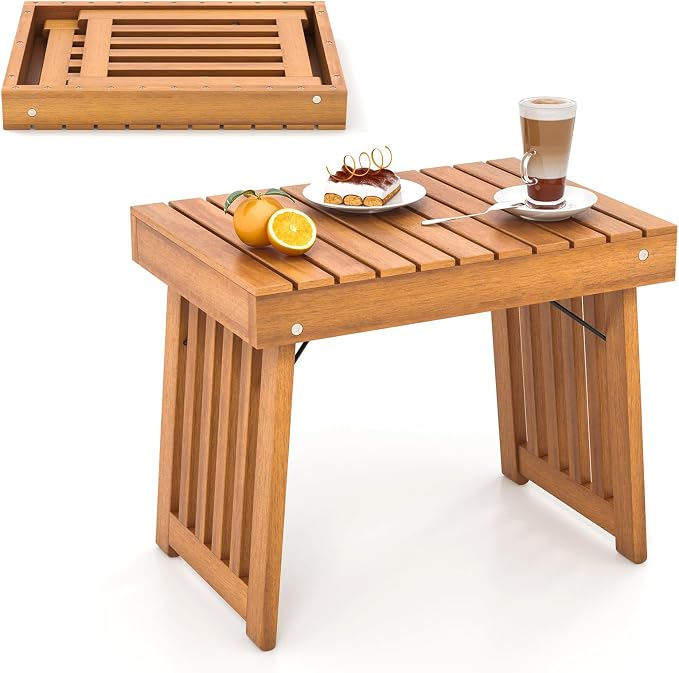 HAPPYGRILL Outdoor Folding Side Table, Foldable Patio Acacia Wood End Table with Slatted Tabletop & Leg Frame, Small Outside Table for Backyard Poolside Porch (Teak Finish)