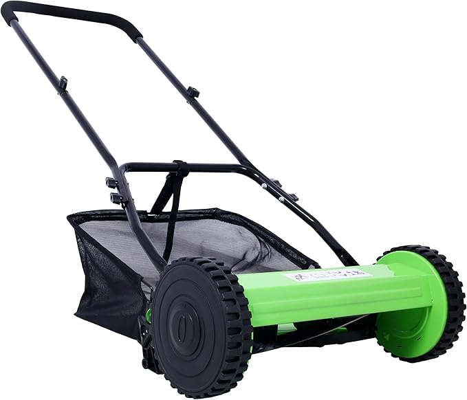 14'' Push Type Lawn Mower 5-Blade Manual Mechanical Lawn Mower Adjustable Height with Hay Bag Eco-Friendly and Quiet Home Gardening Tool Scissor-Style Cutting Method Green