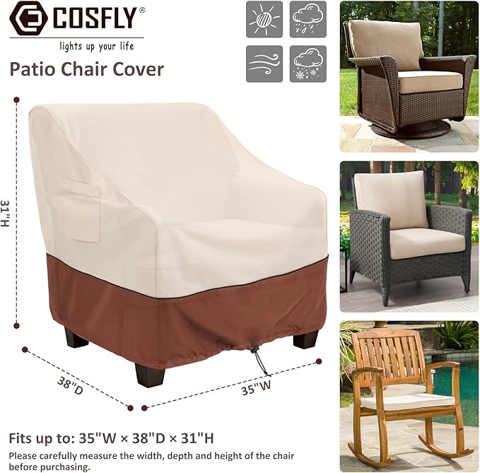COSFLY Patio Furniture Covers 2 Pack, 600D Waterproof Outdoor Chair Covers for Deep Chairs, All-Weather UV Resistant Protection with Adjustable Straps & Air Vents, Fits up to 35" W x 38" D x 31" H