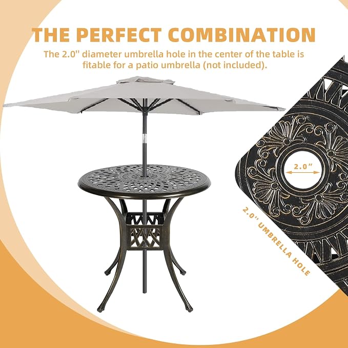 3-Piece Outdoor Patio Dining Set, All-Weather Cast Aluminum Patio Furniture Set for Backyard Garden Deck with 2 Swivel Cushioned Chairs and 31” Round Table, 2" Umbrella Hole, Chili Red