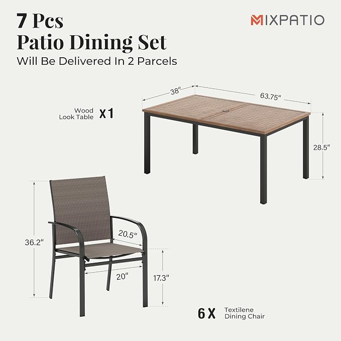 MIXPATIO 7 Pieces Patio Table and Chairs Set, Patio Dining Set for 6, 6 Textilene Chairs and 1 Wood-Like Rectangle Steel Table with Umbrella Hole, for Deck Backyard Lawn Poolside, Brown