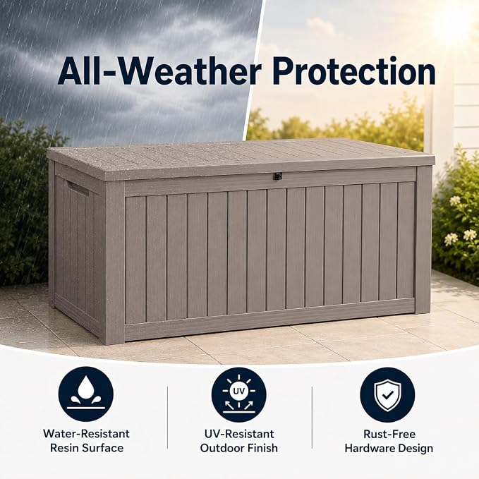 Outdoor Deck Patio Storage Box - 170 Gallon Large Outdoor Deck Box, Plastic Storage Bin with Lid, Outside Toy Box & Pool Storage Container for Cushions, Garden Tools, Towel, Brown