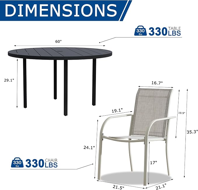 9 Pieces Patio Dining Set for 8, Grey Patio Stackable Chairs and Black Round Table Set of 8, Outdoor Furniture Set with Sling Support for Outside, Garden