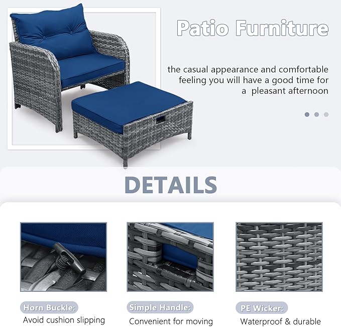 5 Pcs Outdoor Patio Chair with Ottomans, PE Wicker Rattan Patio Conversation Furniture Set, Space Saving Design Outdoor Chairs with Ottomans Set for Balcony Poolside Front Porch Deck, Blue