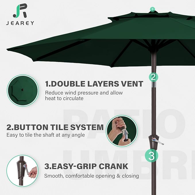 JEAREY 9' 2-Tiers Patio Umbrellas Outdoor Table Market Umbrella w/Push Button Tilt/Crank, 8 Sturdy Ribs, UV Protection Waterproof Sunproof(Dark Green)