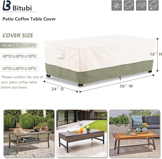 Bitubi Waterproof Patio Coffee Table Cover, Rectangular Outdoor Small Side Table Cover - Fits up to 36L x 24W x 16H inches, Beige