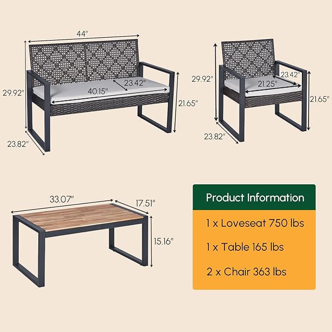 BEEFURNI Wicker Patio Furniture Outdoor Conversation Set of 4, Acacia Wood Table, 2 Rattan Chairs, Loveseat, 2” Cushions, All-Weather, Easy Assembly, 1-Year Manufacturer Warranty (Black)