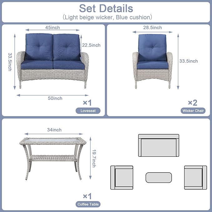 Belord 4 Pieces Patio Furniture Set for Porch Deck Balcony Outdoor, Wicker Chair Sectional Sofa Set, Outdoor Conversation Sets Include Chairs Loveseat Couch and Coffee Table