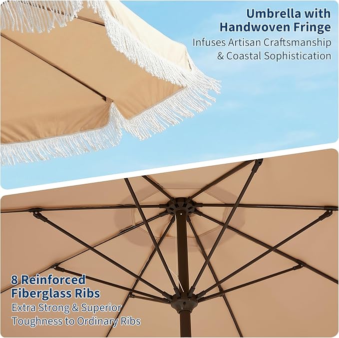 PeakPursuit 9 ft Patio Umbrella with Fringe, Tassel Outdoor Beach Umbrella for Sand with Push Button Tilt, 8 Fiberglass Ribs, UV 50+ Sun Protection for Garden, Pool, Backyard, Deck