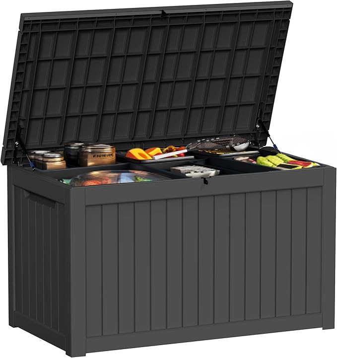 Resin Deck Box, Lockable Patio Outdoor Storage Box for Furniture, Garden Tools and Tools Storage, Waterproof Outside Storage Boxes (Black, 230 Gallon)