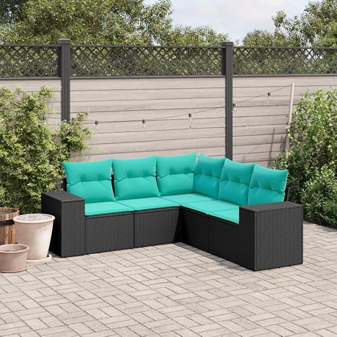 5 Piece Patio Sofa Set with Cushions, Patio Conversation Set Sectional Sofa Front Porch Furniture Outdoor Sofa Sets for Negotiation Area Poolside Piazza Exhibition Black Poly Rattan