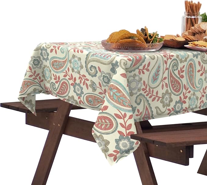 DYTXIII Outdoor Rectangle Tablecloth with Umbrella Hole and Zipper 84" x 60", Water Repellent Floral Picnic Cover, Fade & Wrinkle Resistant Tablecloth for Patio/Garden/Party Table, Paisley Vintage