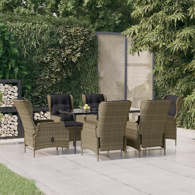 7 Piece Patio Dining Set with Adjustable Backrest, Brown Poly Rattan and Powder Coated Steel Frame, Tempered Glass Tabletop for Outdoor Garden